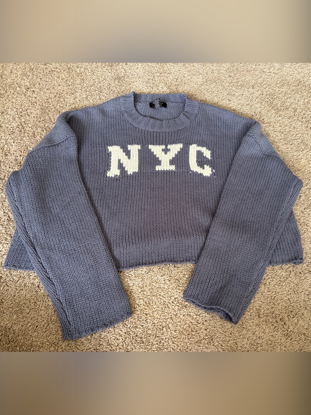 Cropped Blue Crewneck Sweater with NYC Lettering